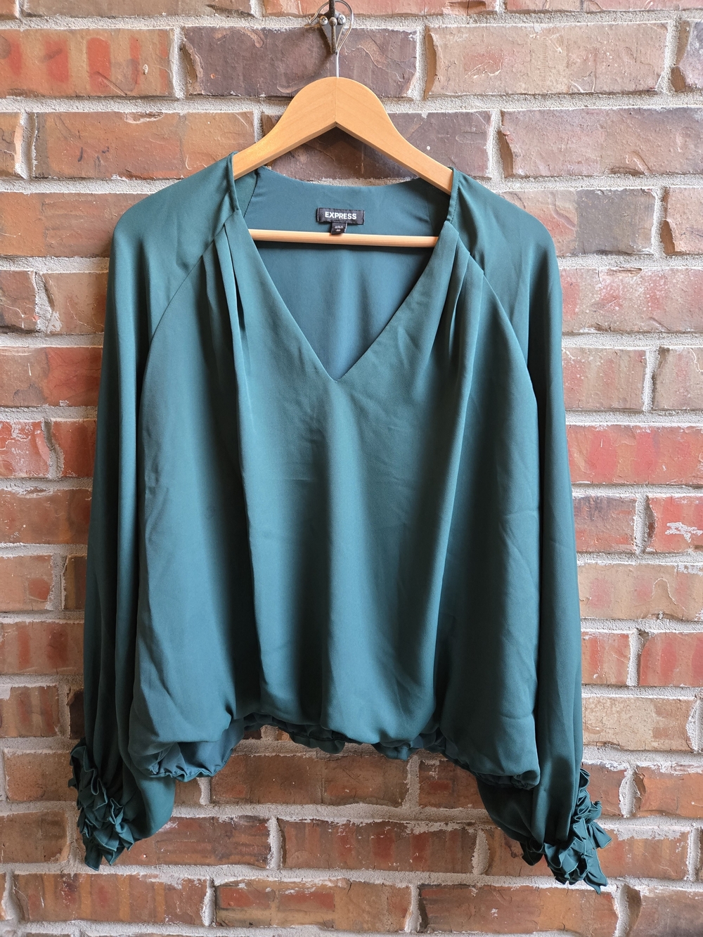 Express Women's Forest Green V-Neck Long Sleeve Blouse Ruffle Sleeves Feminine